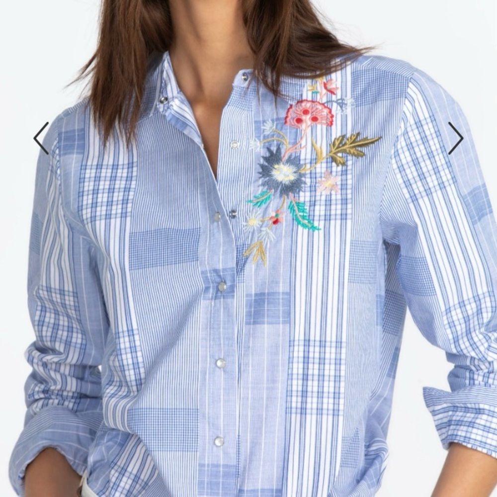 Johnny Was Zanzibar Button Down Shirt Floral Bird Embroidery Plaid Snaps Size XS - Picture 4 of 15
